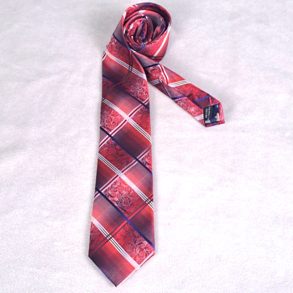 Montebello 100% Silk Luxury Tie Navy Blue, Red & White Italy Made 58"x3.7"